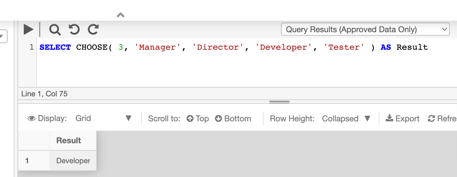 Image 1: CHOOSE Function Results Example 1